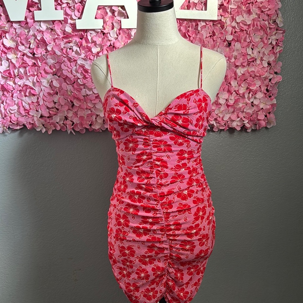 Pink and Red Floral Ruched Dress